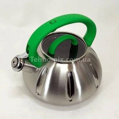 Чайник из нержавеющей стали со свистком 2,5л UNIQUE UN-5303 Зеленая ручка