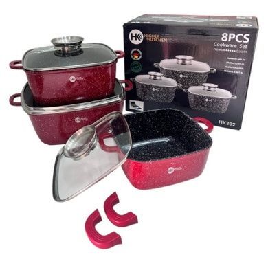 Набір квадратних казанів 3шт з кришками + 2 прихватки Higher Kitchen HK-302 Червоний