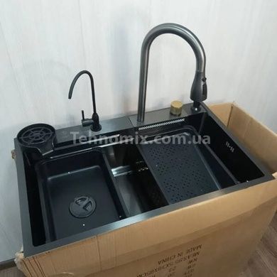 Кухонна раковина з двома чашами, висувним змішувачем та аксесуарами Чорна