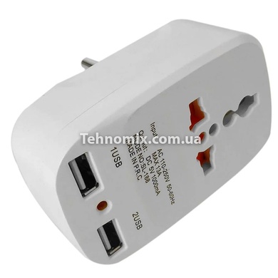 Мережний розгалужувач з 2 usb виходами в розетку Travel Adaptor 823 Білий