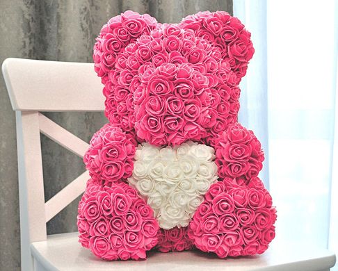 Мишка с сердцем из 3D роз Teddy Rose 40 см Розовый с белым сердцем + подарочная упаковка