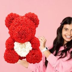 Мишка з серцем з 3D троянд Teddy Rose 40 см Червоний з білим серцем + подарункова упаковка