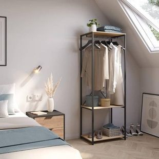 Стійка-вішалка з полицями для одягу та взуття Loft System Чорна з коричневим