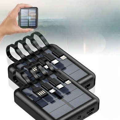 Power Bank із вбудованими кабелями для заряджання та сонячною панеллю 20000 mAh Чорний