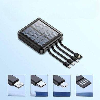 Power Bank із вбудованими кабелями для заряджання та сонячною панеллю 20000 mAh Чорний