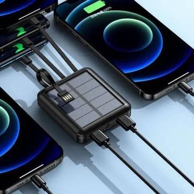 Power Bank із вбудованими кабелями для заряджання та сонячною панеллю 20000 mAh Чорний