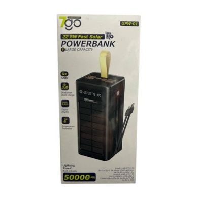 Powerbank с солнечной панелью,дисплеем и шнурами PD22.5W 50000mAh 7GO GPW-01 Li-pol, Type-C, 2xUSB Type-C, 4xUSB Type-A Черный
