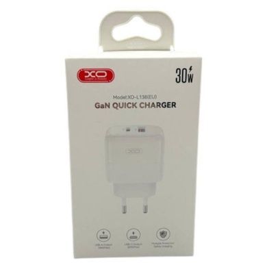 Мережевий зарядний пристрій блок живлення XO L138 30W GaN nitride 1USB-A+1USB-) fast charging charger Біле