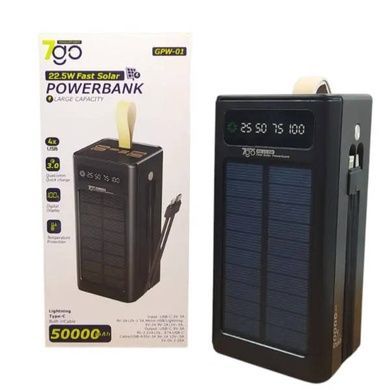 Powerbank с солнечной панелью,дисплеем и шнурами PD22.5W 50000mAh 7GO GPW-01 Li-pol, Type-C, 2xUSB Type-C, 4xUSB Type-A Черный