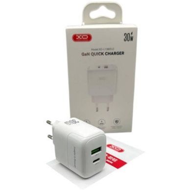 Мережевий зарядний пристрій блок живлення XO L138 30W GaN nitride 1USB-A+1USB-) fast charging charger Біле