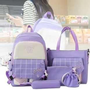 Набір 5в1 шкільний рюкзак GuiyuBag, сумка, клатч, пенал та мішок MFG-612Purple Фіолетовий з білою кліткою