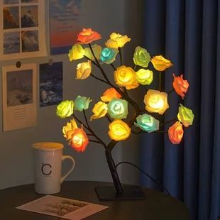 Дерево ночник с разноцветными розами настольное Led USB Черное