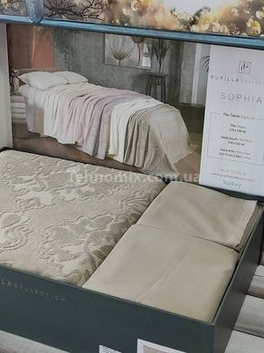Покрывало махровое + простынь с наволочками Pupilla Sophia koyu bej