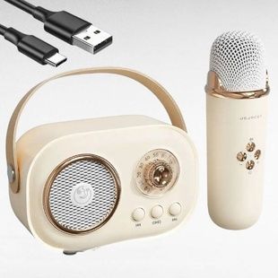 Караоке с микрофоном на аккумуляторе Ретро Bluetooth Бежевый