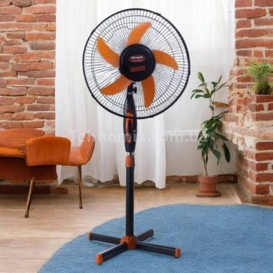 Вентилятор підлоговий 5-лопатевий кнопковий з автоповоротом 220V WIMPEX WX-1612/16 Чорний з оранжевим
