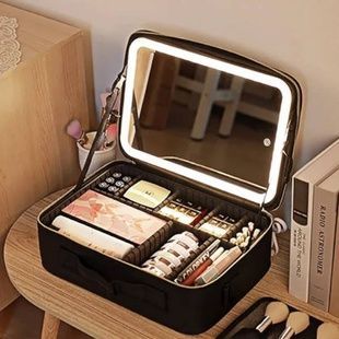 Косметичка-органайзер кожаная с зеркалом LED подсветка Черная