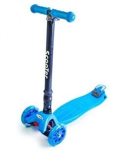 Детский трехколесный самокат Scooter MAXI со складным рулем и светящимися колесами Голубой