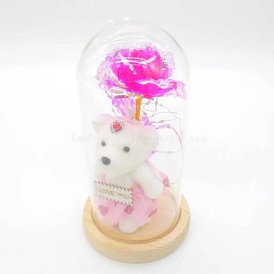 Вечная Роза в колбе с мишкой и подсветкой 21 см Розовая