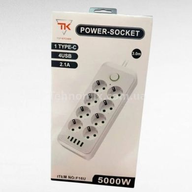 Подовжувач мережевий фільтр 3м 8&times;220В+4&times;USB+1&times;Type-C F16u Білий