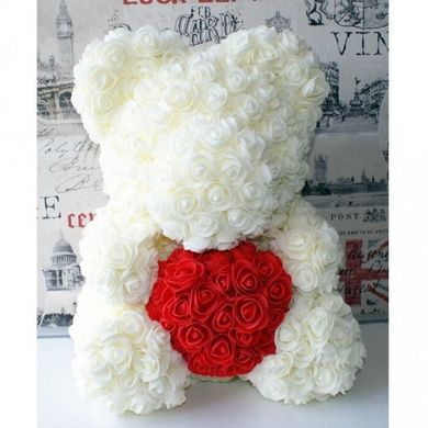 Мишка з серцем з 3D троянд Teddy Rose 40 см Білий + подарункова упаковка