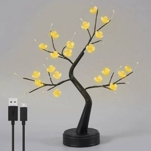 Ночник настольный Весеннее дерево светящееся, питание от батареек /USB 24 led Черный ствол и желтые цветочки
