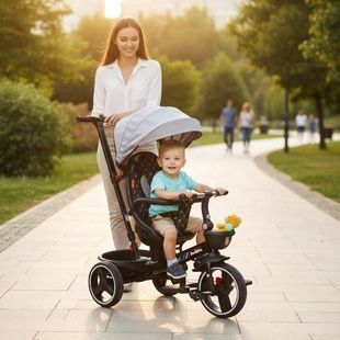 Велосипед трехколесный с родительской ручкой и козырьком и корзиной 6390 -19-306 BestTrike Oscar Черный с серым