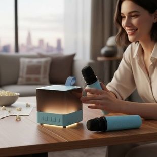 Колонка портативна із 2 караоке мікрофонами Bluetooth LED К18 Блакитна