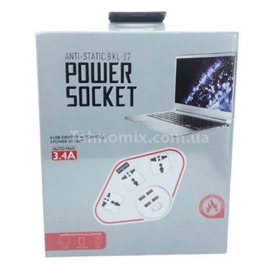 Подовжувач-мережевий фільтр 3-220V / 4-USB / 3.4A Anti-Static BKL-07 Power Socket Білий