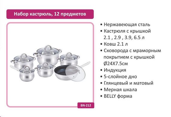 Набір посуду з нержавіючої сталі 12 предметів BN-212