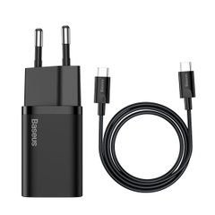 МЗП Baseus Super Si Quick Charger 1C 25W EU Sets Black (With Mini White Cable Type-C to Type-C 3A 1m Black)