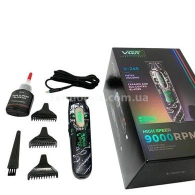 Триммер с LED-дисплеем и 3 насадками, 2000mAh, 9000 RPM, VGR V-260 Черный с зеленым