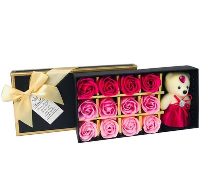 Подарунковий набір з трояндами з мила Sweet Love 12 шт Рожеві з ведмедиком
