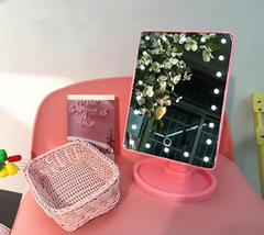 Настільне дзеркало для макіяжу Mirror з LED підсвічуванням 22 діода квадратне Рожеве