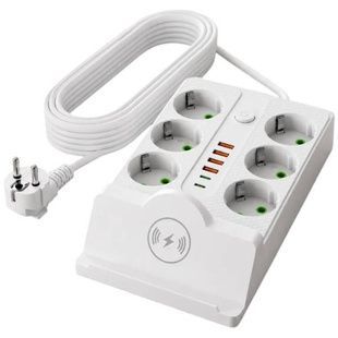 Удлинитель сетевой фильтр с беспроводной зарядкой 5м LED, 6-220V, 4-USB, 2-PD Type-C PNS-08 Белый
