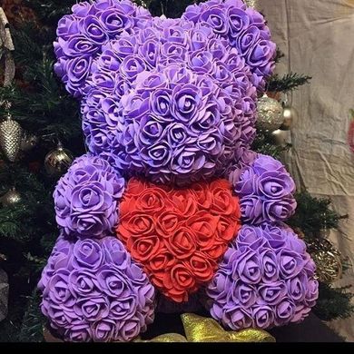 Ведмедик з серцем з 3D троянд Teddy Rose 40 см Фіолетовий + подарункова упаковка