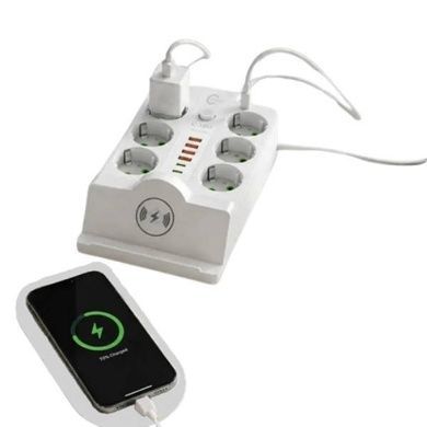 Подовжувач фільтр з бездротовою зарядкою 5м LED, 6-220V, 4-USB, 2-PD Type-C PNS-08 Білий