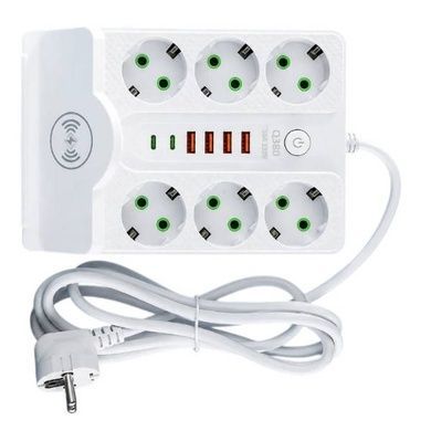 Подовжувач фільтр з бездротовою зарядкою 5м LED, 6-220V, 4-USB, 2-PD Type-C PNS-08 Білий