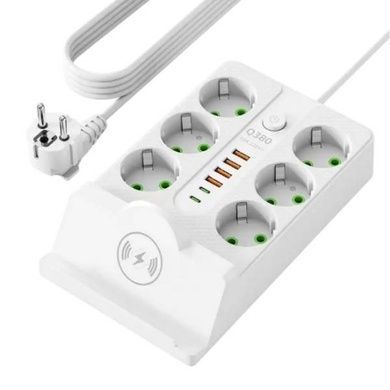 Подовжувач фільтр з бездротовою зарядкою 5м LED, 6-220V, 4-USB, 2-PD Type-C PNS-08 Білий